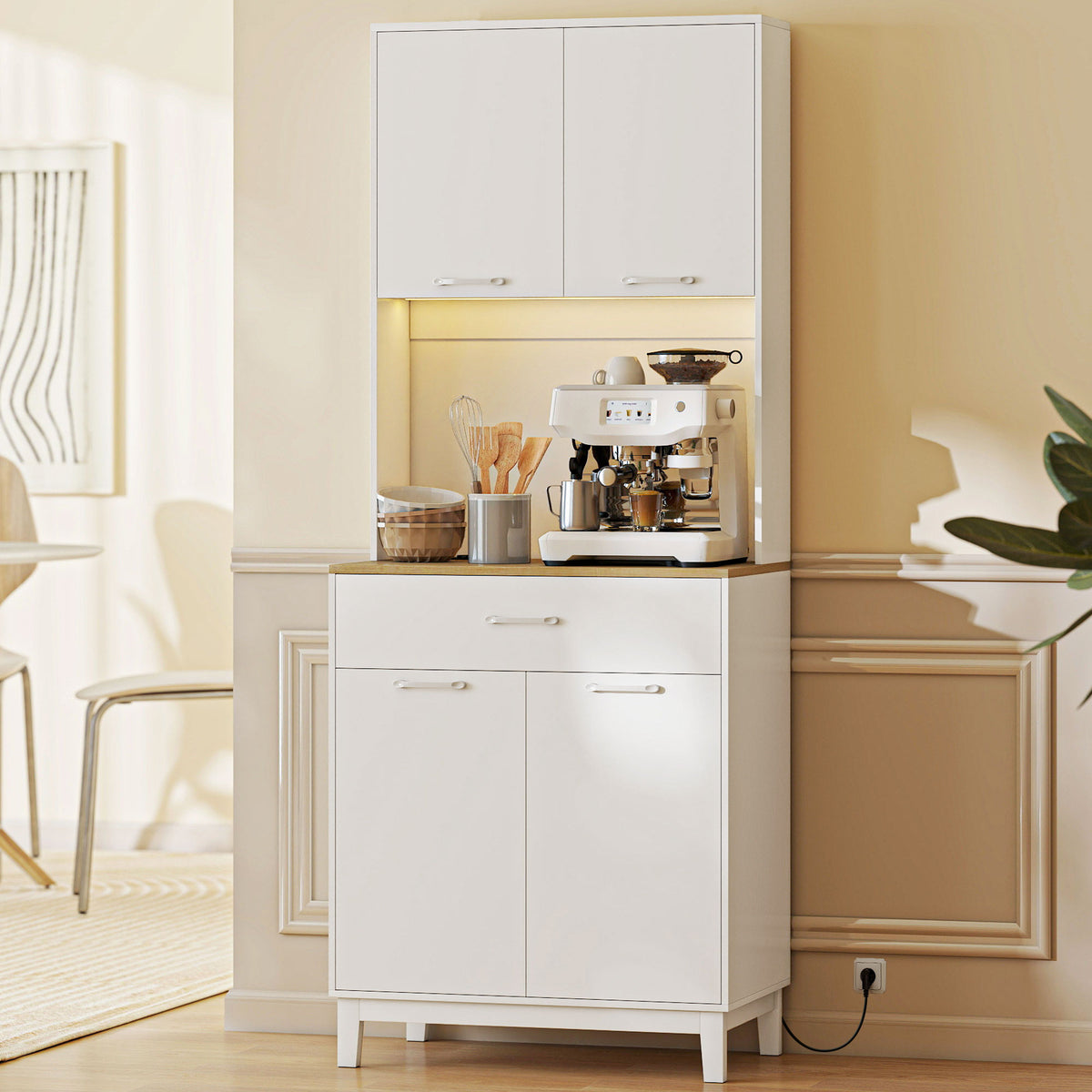 Buffet haut cuisine avec LED et station de charge, armoire de cuisine avec 4 portes, tiroir et plan de travail, blanc
