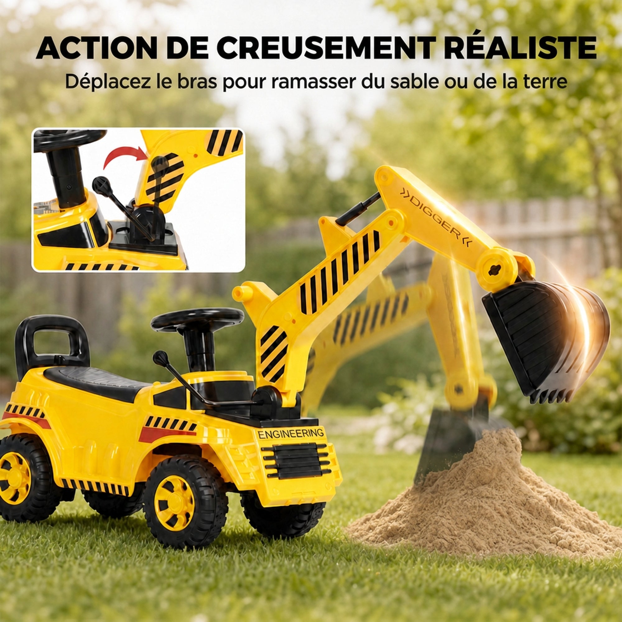 Tractopelle Enfant, Porteur Pelleteuse avec Casque de Sécurité, Klaxon et Bras d'Excavation Amovible, 1 à 4 Ans, Jaune