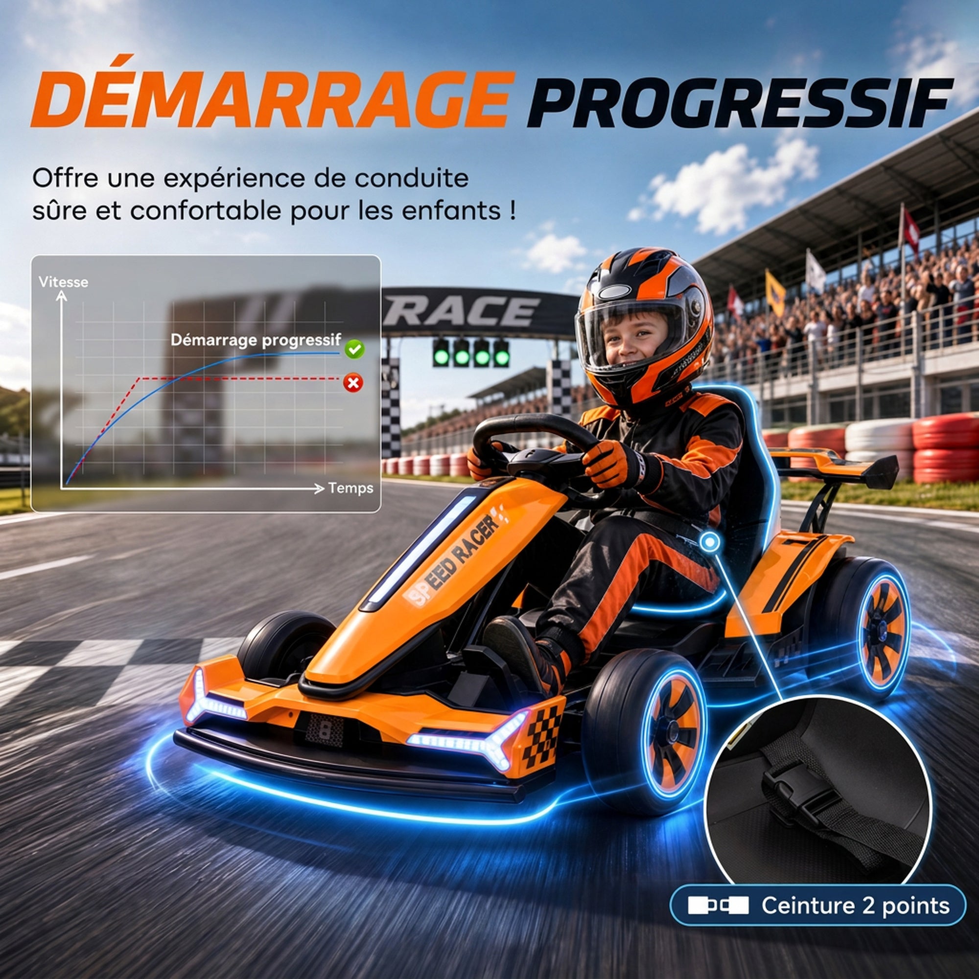 Kart Électrique pour Enfants 12 V, Go Kart, 2 Moteurs, Siège Réglable, Batterie au Lithium, Démarrage Progressif, Orange