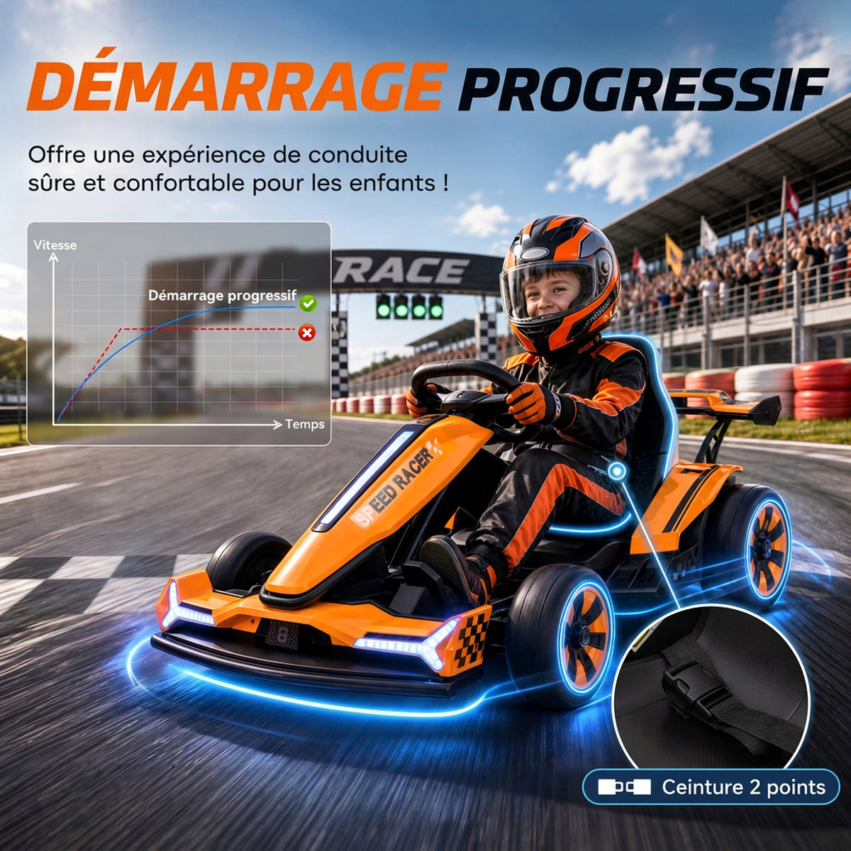 Kart Électrique pour Enfants 12 V, Go Kart, 2 Moteurs, Siège Réglable, Batterie au Lithium, Démarrage Progressif, Orange