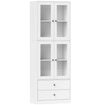 Buffet haut cuisine, armoire de cuisine avec portes vitrées, tiroirs et étagères réglables, 59x30x170cm, blanc brillant