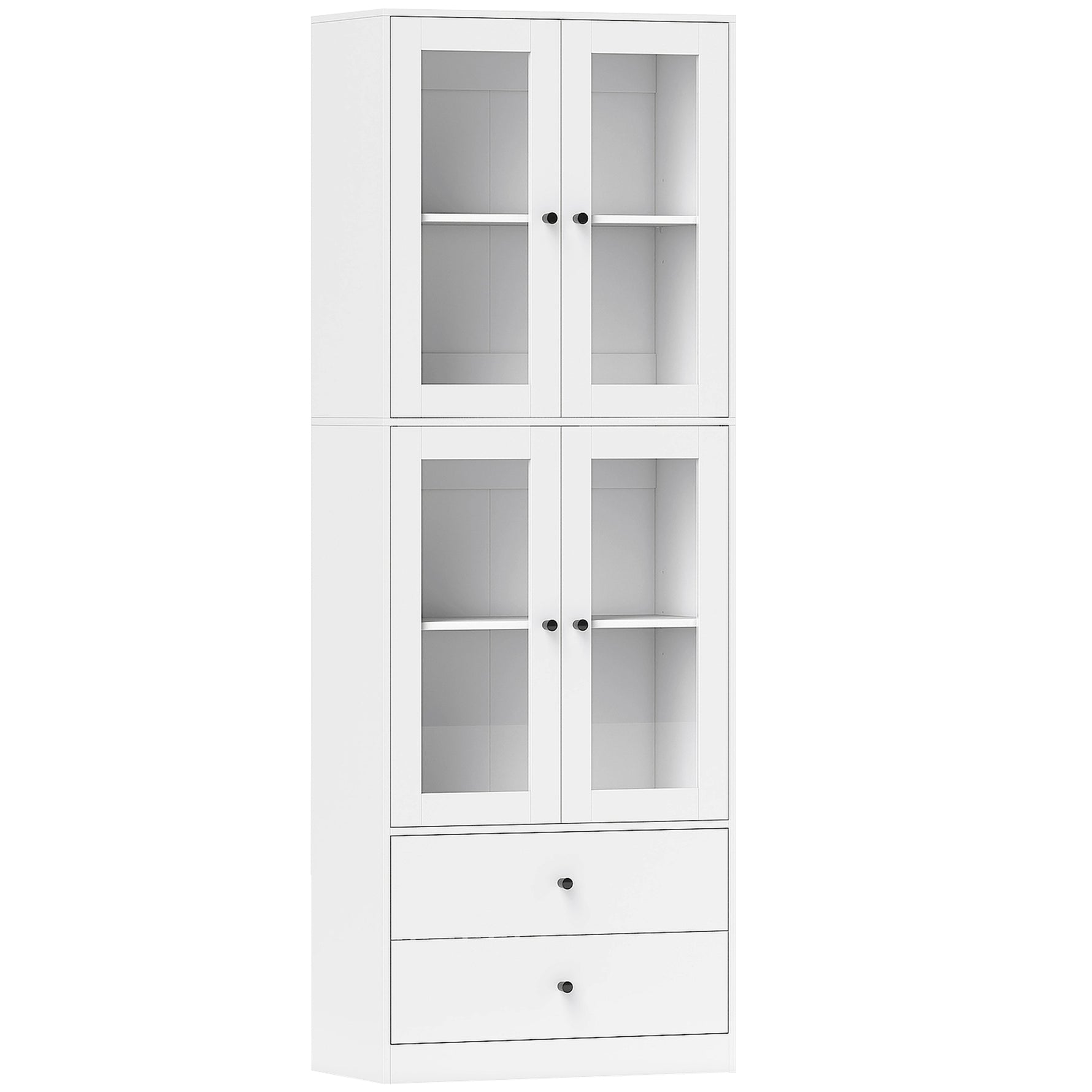 Buffet haut cuisine, armoire de cuisine avec portes vitrées, tiroirs et étagères réglables, 59x30x170cm, blanc brillant