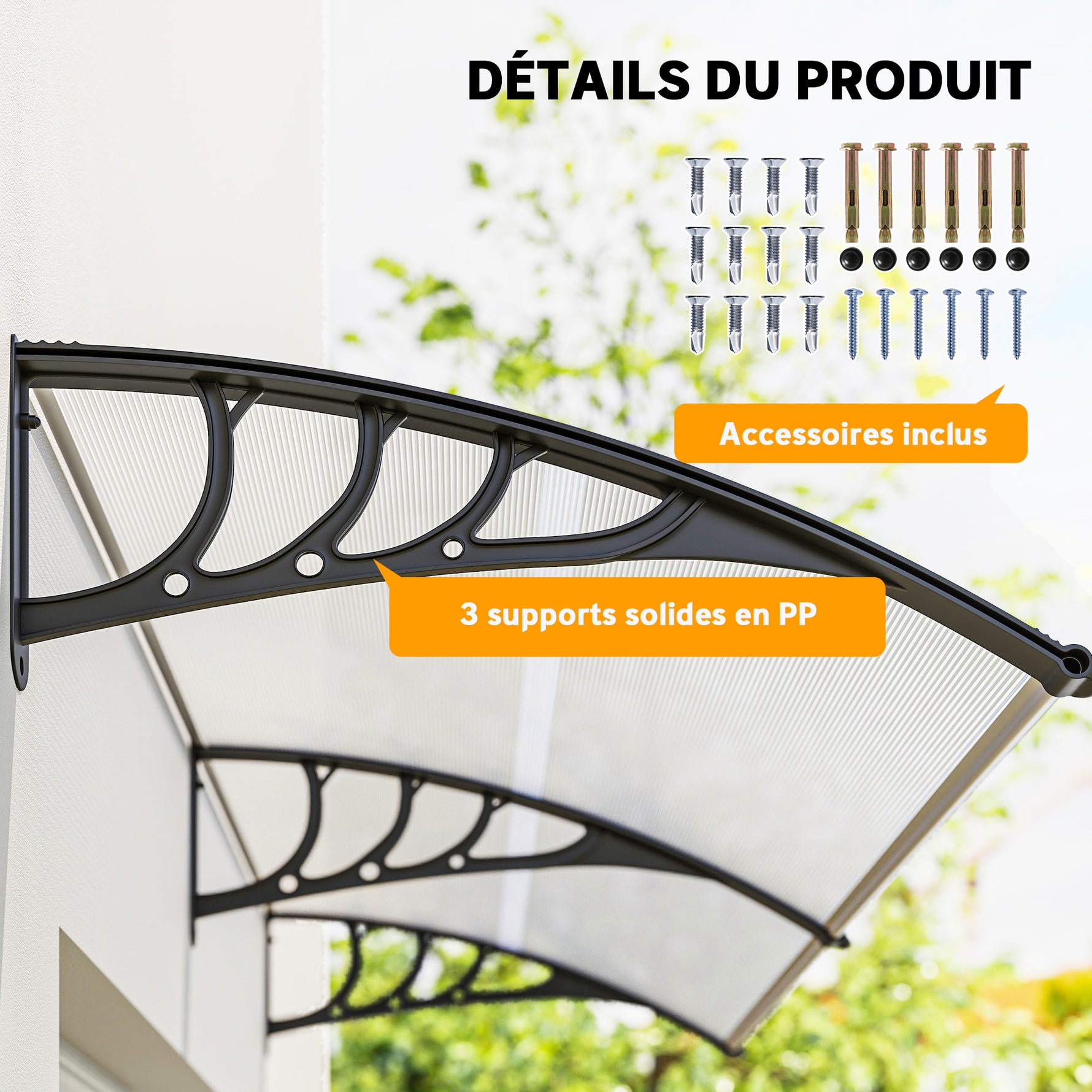 Auvent de porte d'entrée, toit marquise de porte exterieur en polycarbonate et profil aluminium résistante toit abri protection contre la pluie et UV pour terrasse, balcon, 195x75cm, transp.