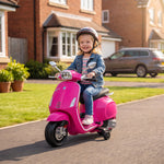 Scooter électrique enfant Vespa 6 V dim. 107L x 47l x 73H cm Musique MP3 Port USB Phare 2 roues d'entraînement - Rose