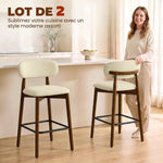Lot de 2 Tabourets de Bar, Chaises de Bar en Chenille, Assise Rembourrée, Dossier et Repose-Pieds, Pieds en Bois, Beige