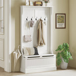 Mueble de recibidor con banco y perchero 3 en 1, 5 ganchos, banco de almacenamiento para salón o pasillo, 96 x 34 x 179,7 cm, crema