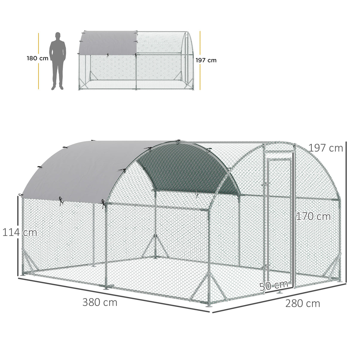 Grande voliera per polli 10,64 m² recinto recintato tetto anti-UV porta bloccabile 2,8 x 3,8 x 1,97 m argentato