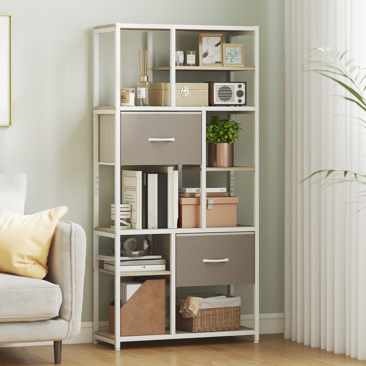 Étagère de rangement 6 niveaux, bibliothèque avec 2 tiroirs en tissu, 9 étagères ouvertes, 72,5 x 30 x 150 cm, blanc