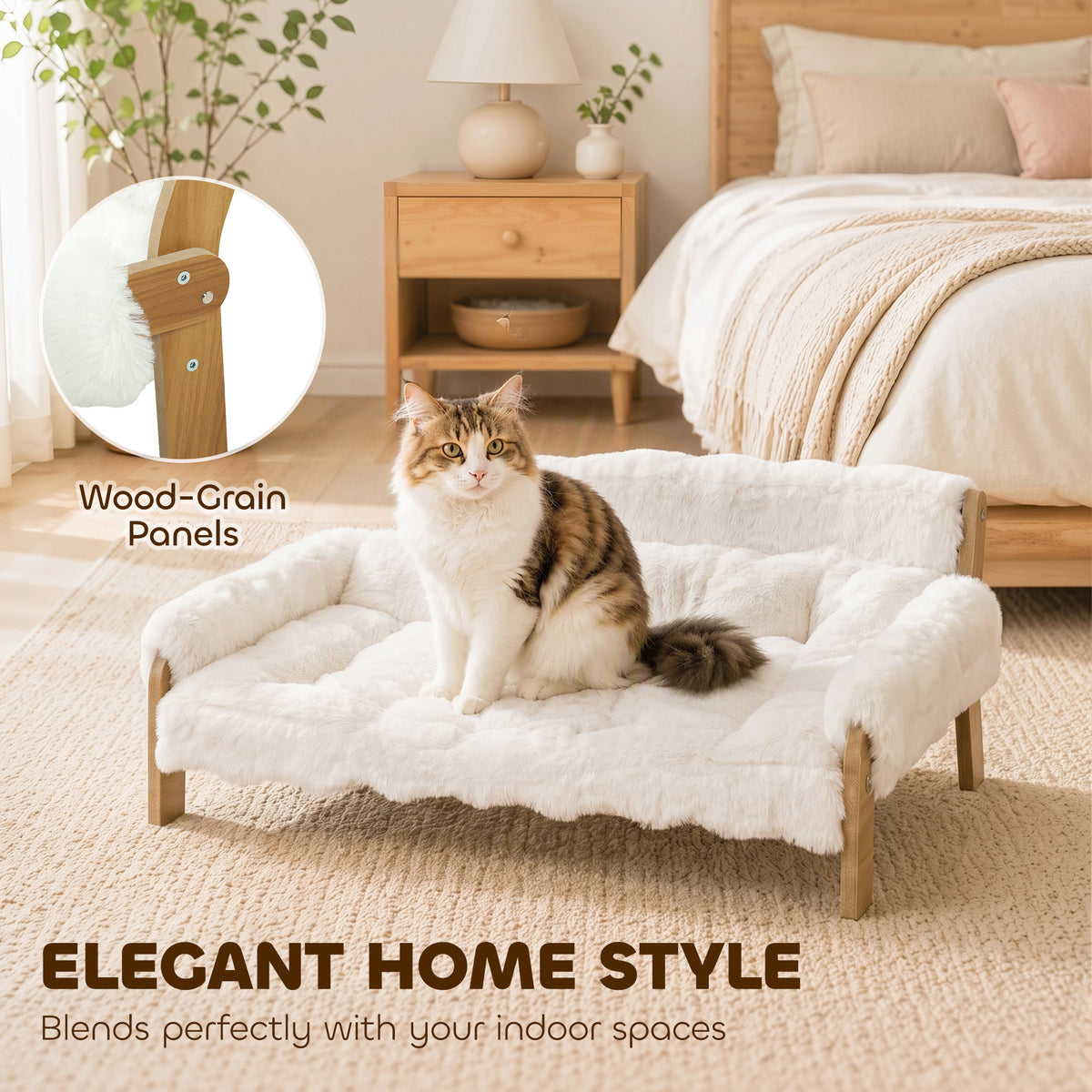 Canapé pour Chien Chat Lit Surélevé en Bois, Coussin Amovible en Peluche, Pieds Antidérapants, 70 x 47 x 30 cm, Blanc