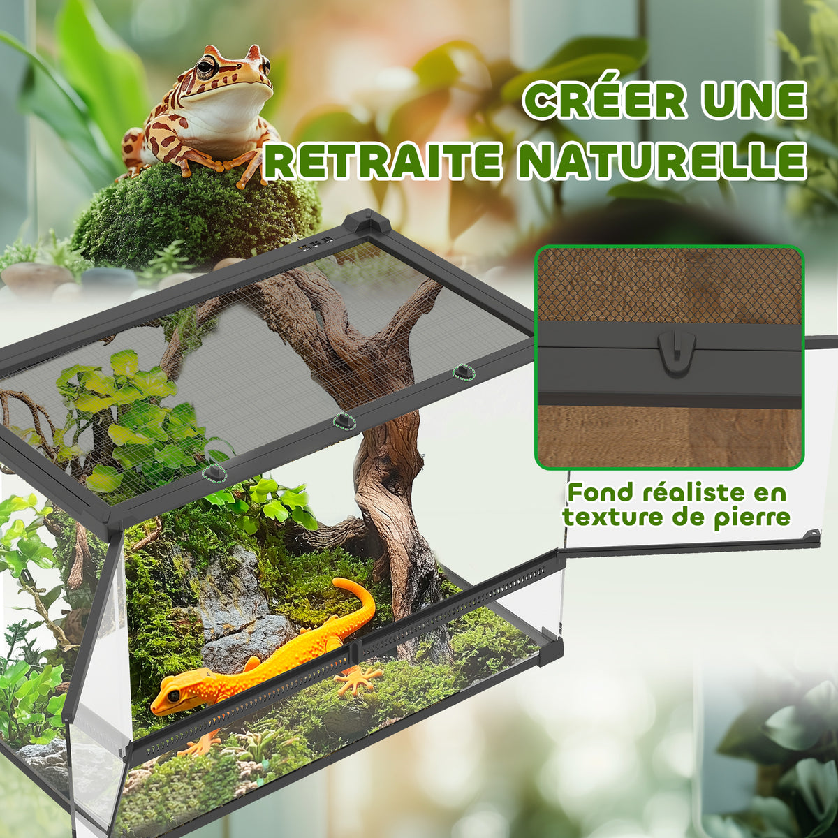 Boîte à reptiles, boîte d'élevage de reptiles, fermeture sécurisée par rotation, ventilation frontale, 50x30x35cm, noir