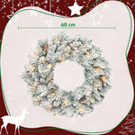 Couronne de Noël lumineuse 60 cm avec 35 LED blanc chaud, minuterie, 98 pointes, pommes de pin, vert et blanc