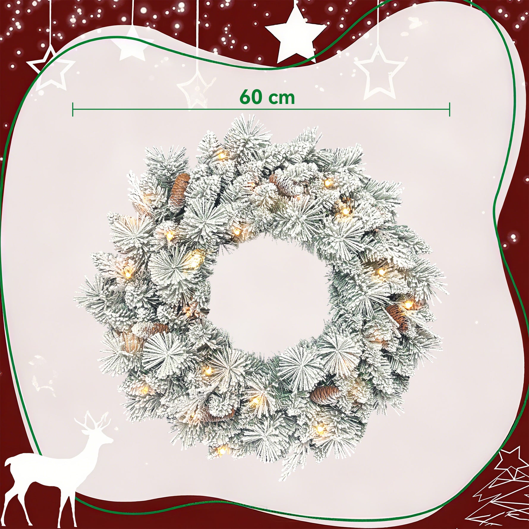 Couronne de Noël lumineuse 60 cm avec 35 LED blanc chaud, minuterie, 98 pointes, pommes de pin, vert et blanc