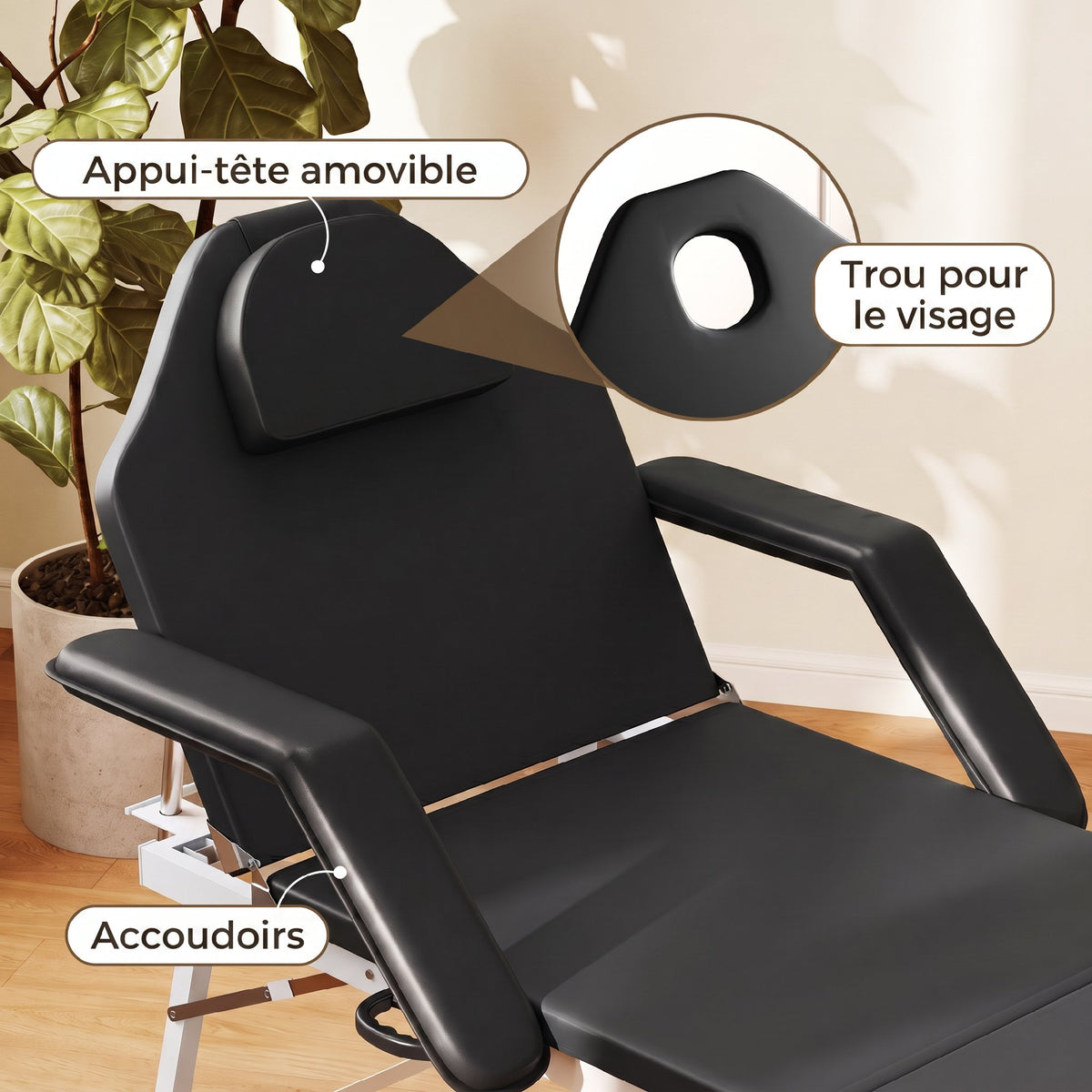 Table de massage pliante, lit de massage 3 zones portable 182 x 62 cm avec appuie-tête et accoudoirs amovibles, noir
