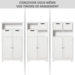 Meuble de salle de bain, meuble de rangement avec 2 tiroirs, niche, placard avec porte, étagère réglable, armoire de salle de bain, cuisine, salon, 60 x 30 x 109 cm, blanc