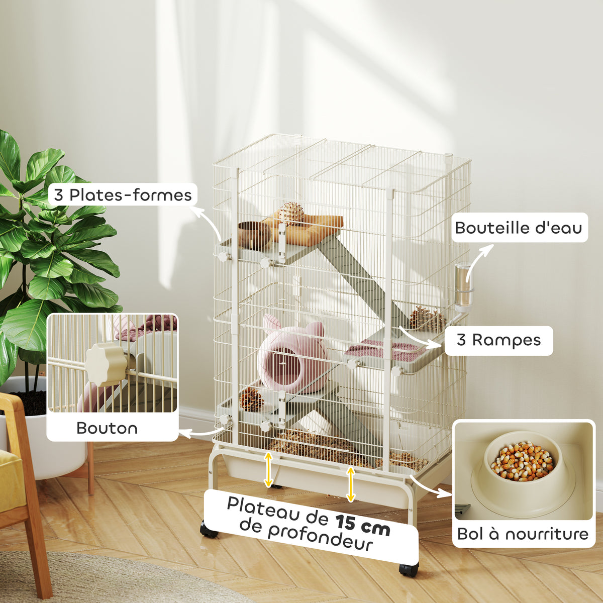 Cage pour lapin enclos à 4 niveaux avec 2 portes 3 rampes plateau profond roulettes 69 x 44 x 120 cm beige