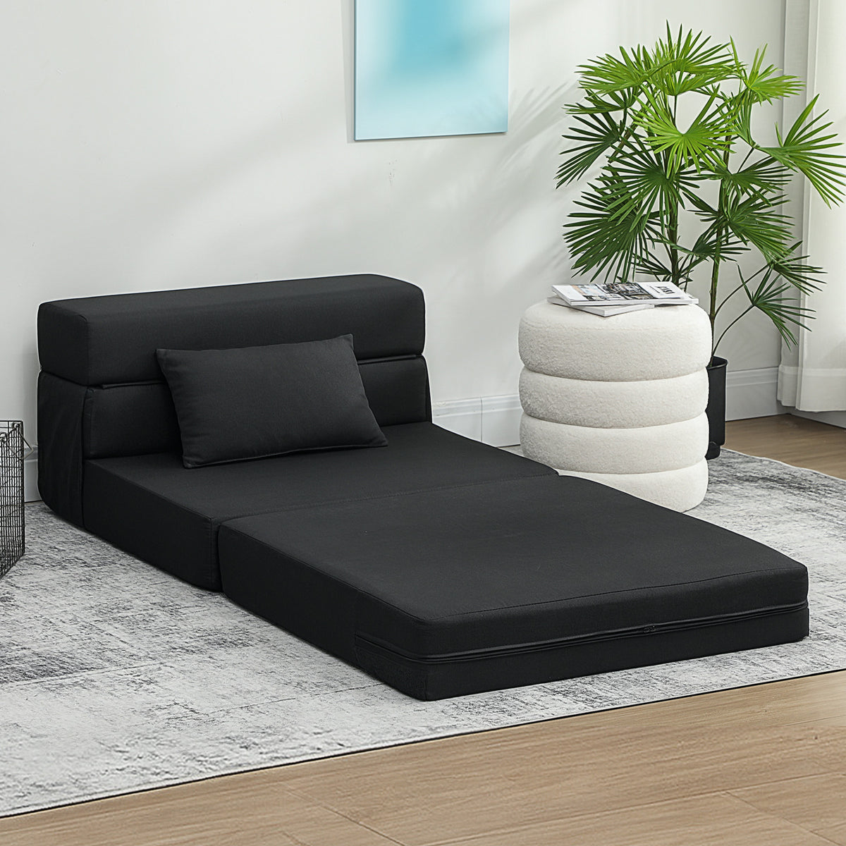Convertible 1-seater armchair, folding bed chair, cushion included, for guests, living room, small space, 120 kg capacity, black