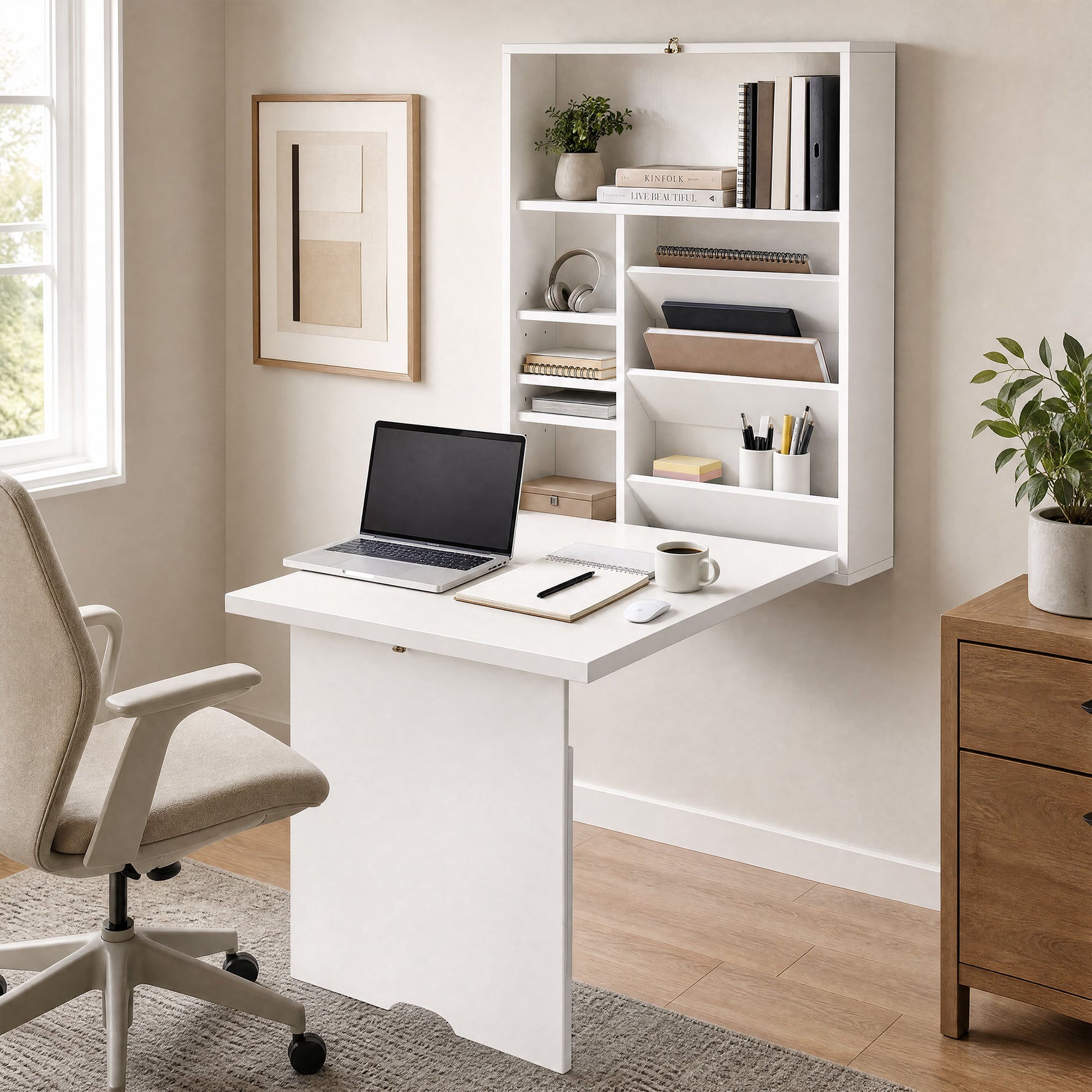 Bureau pliable mural, table murale pliante avec étagères pour salon, salle à manger, bureau, 93,8 x 60 x 147 cm, blanc