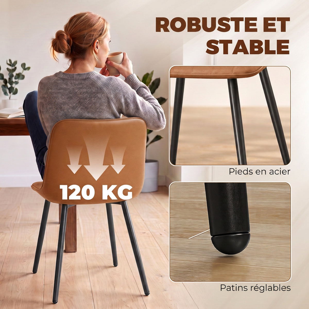 Lot de 2 Chaises de Salle à Manger Modernes, Dossier et Assise Incurvés, en Revêtement Synthétique, 51x61x78cm, Marron