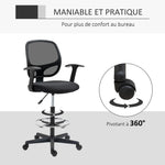Chaise bureau ergonomique, chaise de dessin, repose-pieds, dossier en maille, hauteur réglable, 64x57x110-132cm, noir