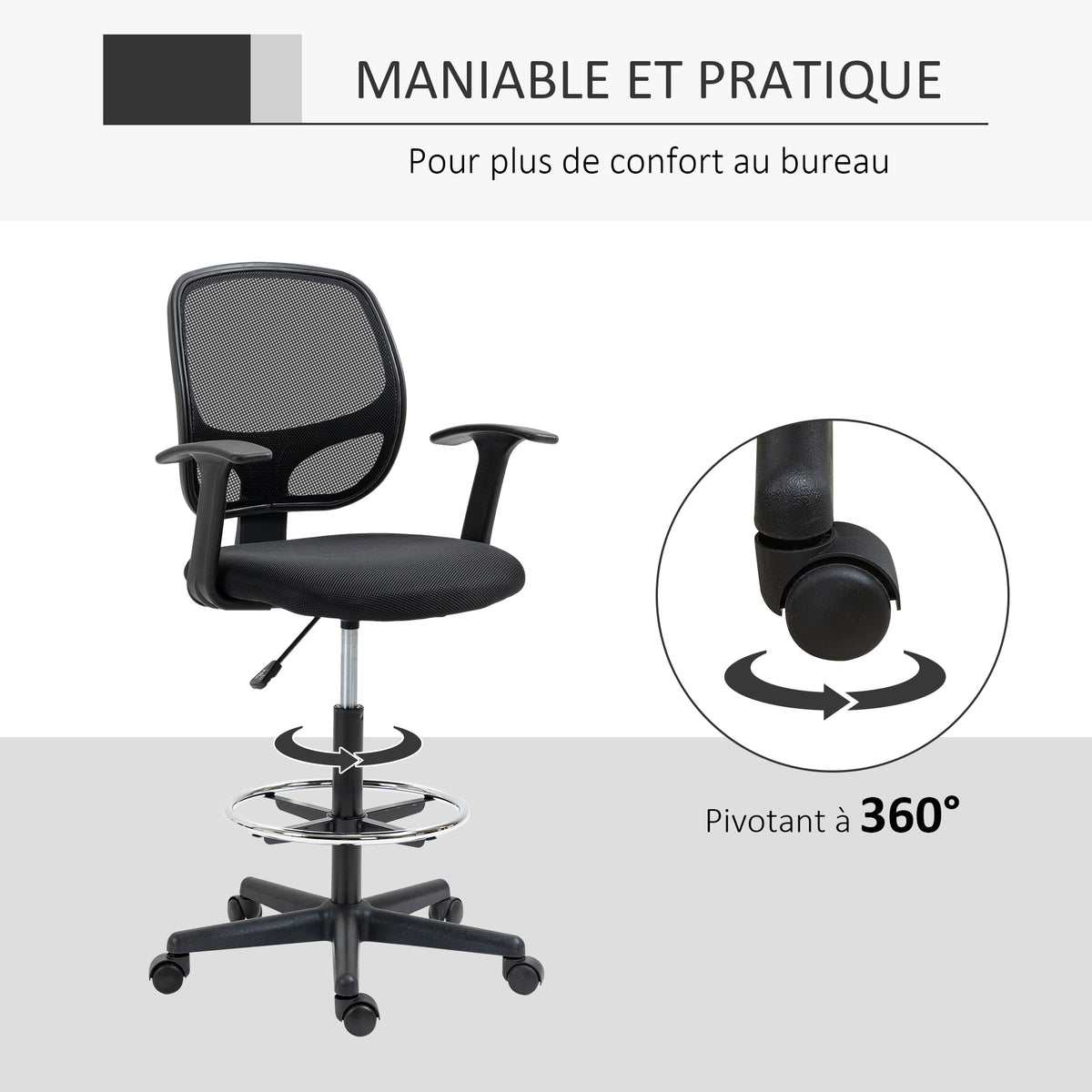 Chaise bureau ergonomique, chaise de dessin, repose-pieds, dossier en maille, hauteur réglable, 64x57x110-132cm, noir