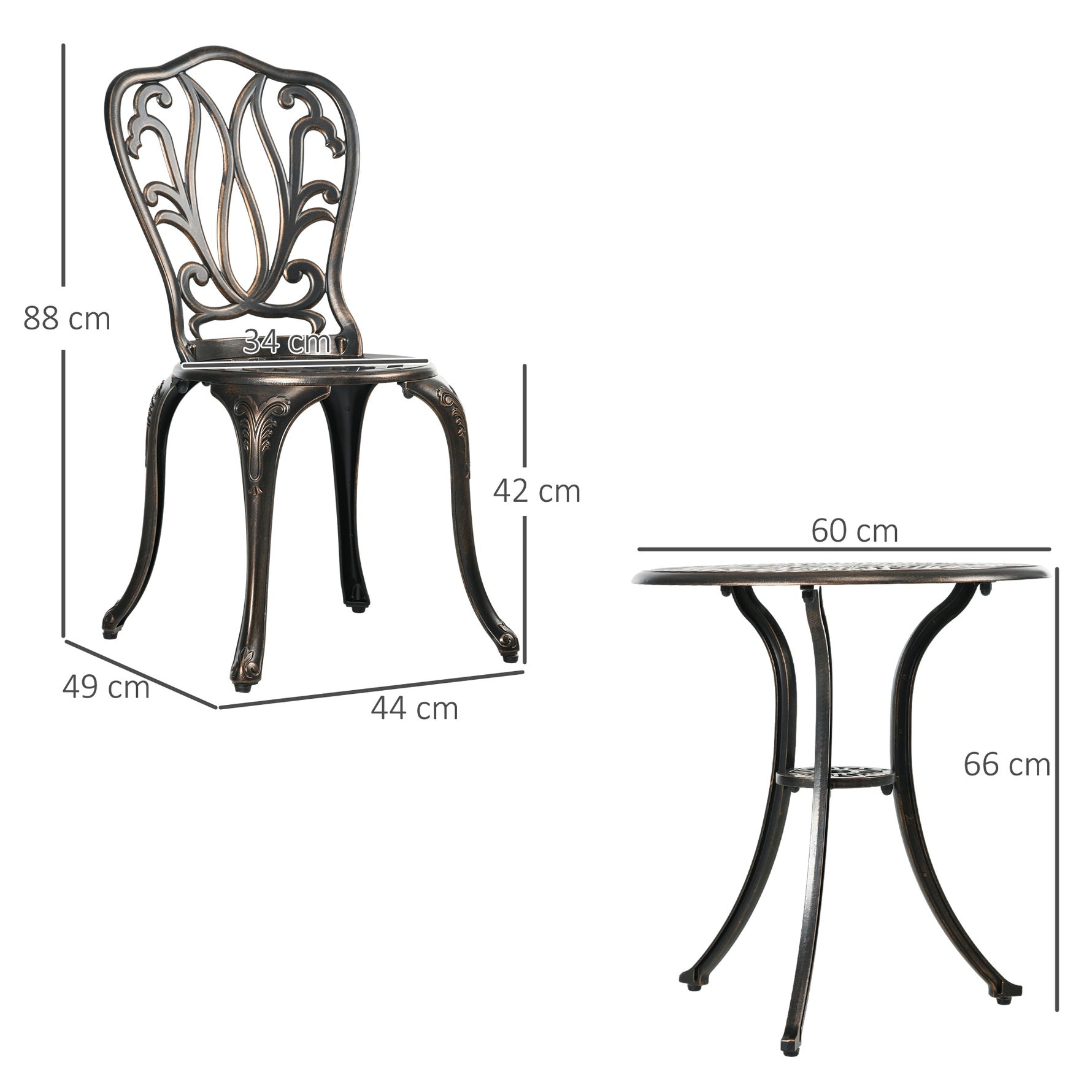 Ensemble Salon de Jardin 2 Places 2 chaises + Table Ronde style charme rétro en fonte d'aluminium, bronze