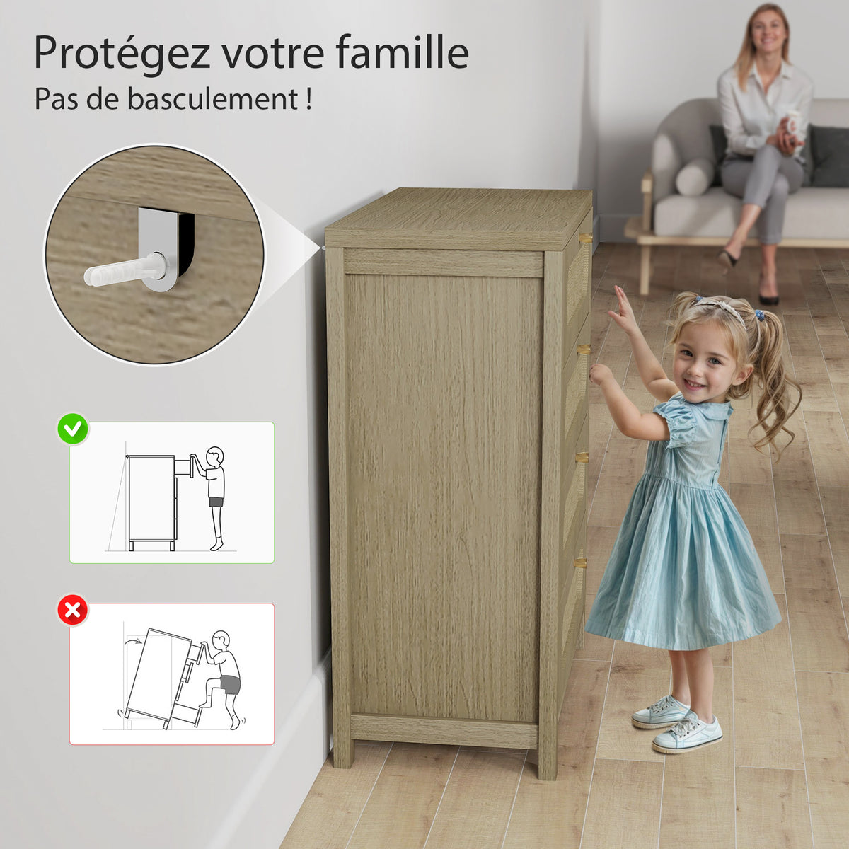 Commode 4 tiroirs meuble de rangement style bohémienne avec portes résine tressée, 70 x 38 x 93 cm, effet bois naturel