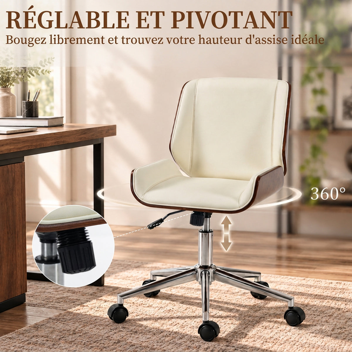 Chaise de Bureau Design Vintage, Hauteur Réglable, Pivotant 360°, Piètement Chromé, 53 x 60 x 86-96 cm, Crème