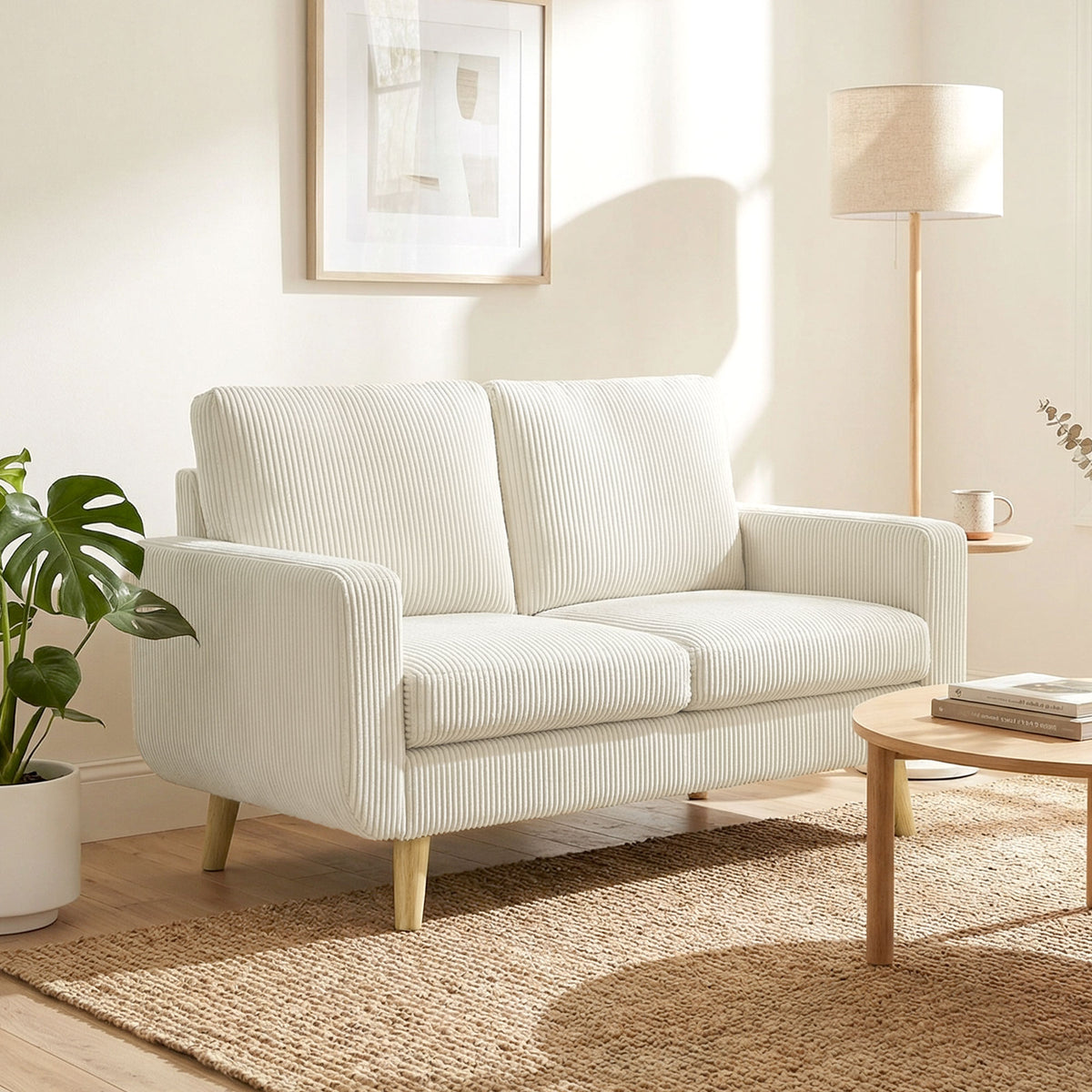 Canapé 2 places en velours côtelé, canapé de salon moderne 134 cm, assise rembourrée, coussin à ressorts, crème