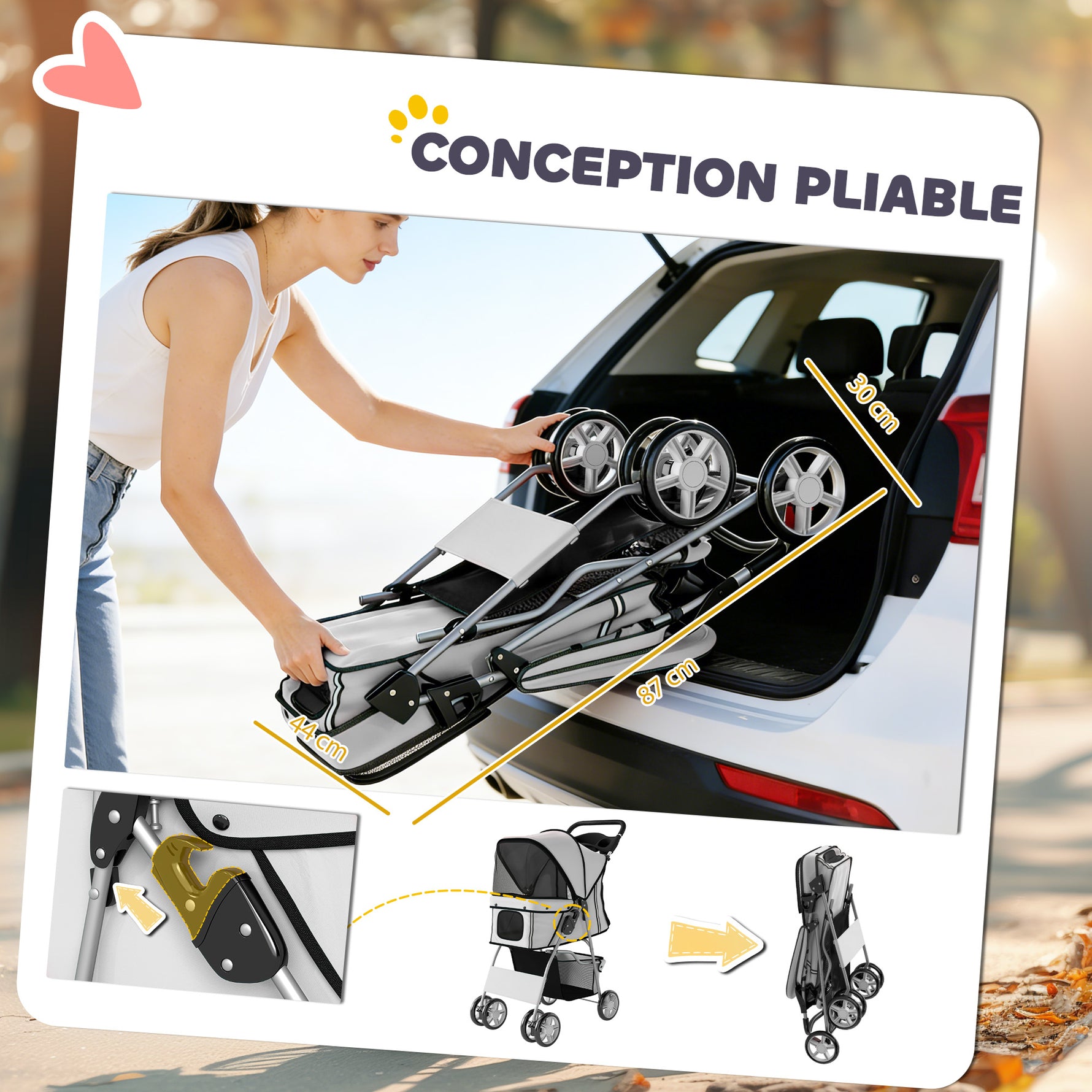 Poussette buggy pliable animaux chariot pliante chien chat porte-gobelet panier de rangement 75 x 45 x 97 cm gris