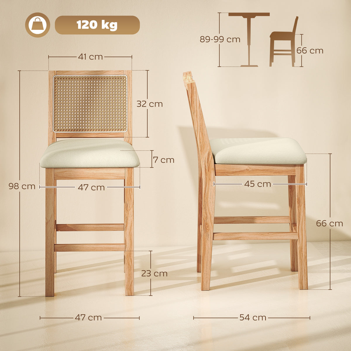2er-Set Barhocker, Barstühle mit Rückenlehne in Rattan-Optik, gepolsterte Sitzfläche aus Chenille, 66 cm Sitzhöhe, Creme