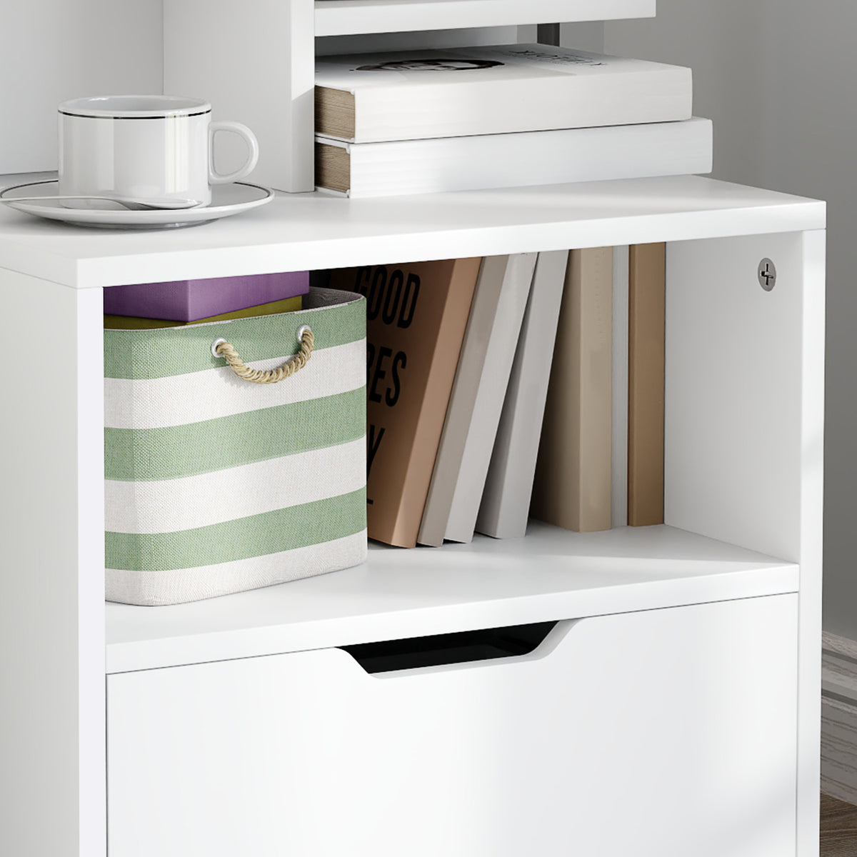 Comodino con cassetto, nicchia e ripiani portaoggetti effetto legno 45 x 35 x 73 cm bianco