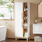 Meuble de Salle de Bain, Meuble de Rangement, 2 Portes, 4 Compartiments Ouverts et Étagères Réglables, Blanc et Naturel