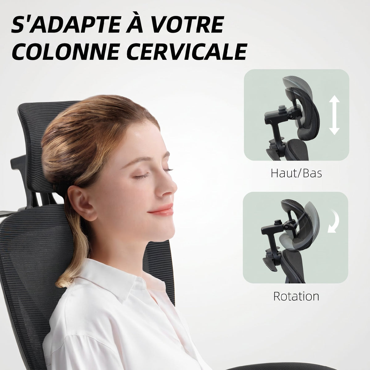 Chaise Bureau Ergonomique avec Appui-Tête Réglable, Fauteuil de Bureau Inclinable en Maille, Dossier Séparé, Noir