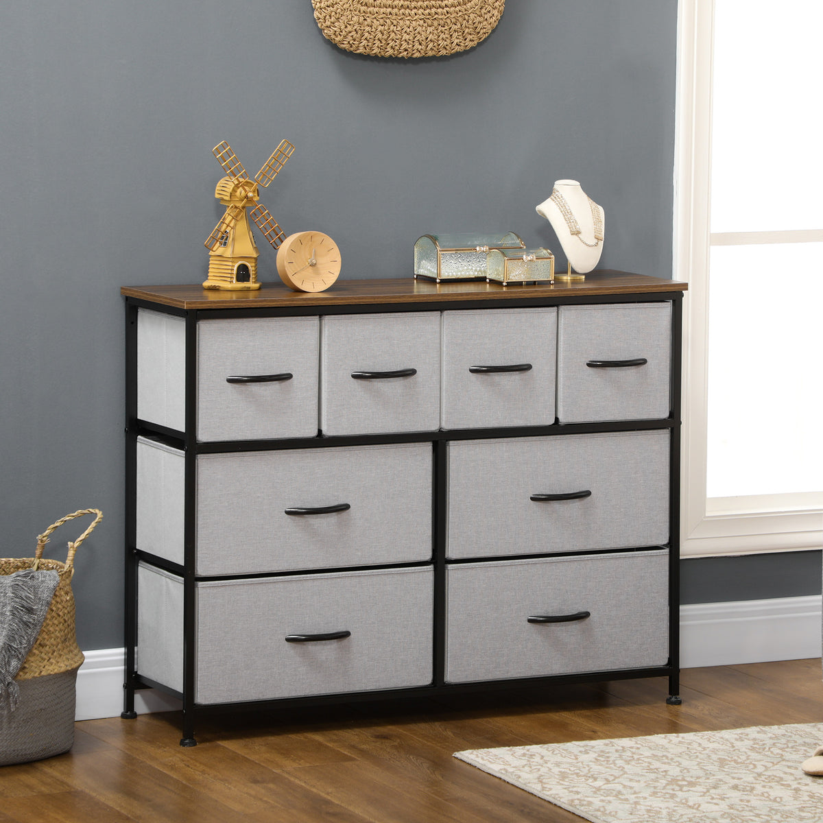 Commode 8 tiroirs meuble de rangement tiroir en tissu pliant - structure acier noir - 100 x 30 x 78 cm