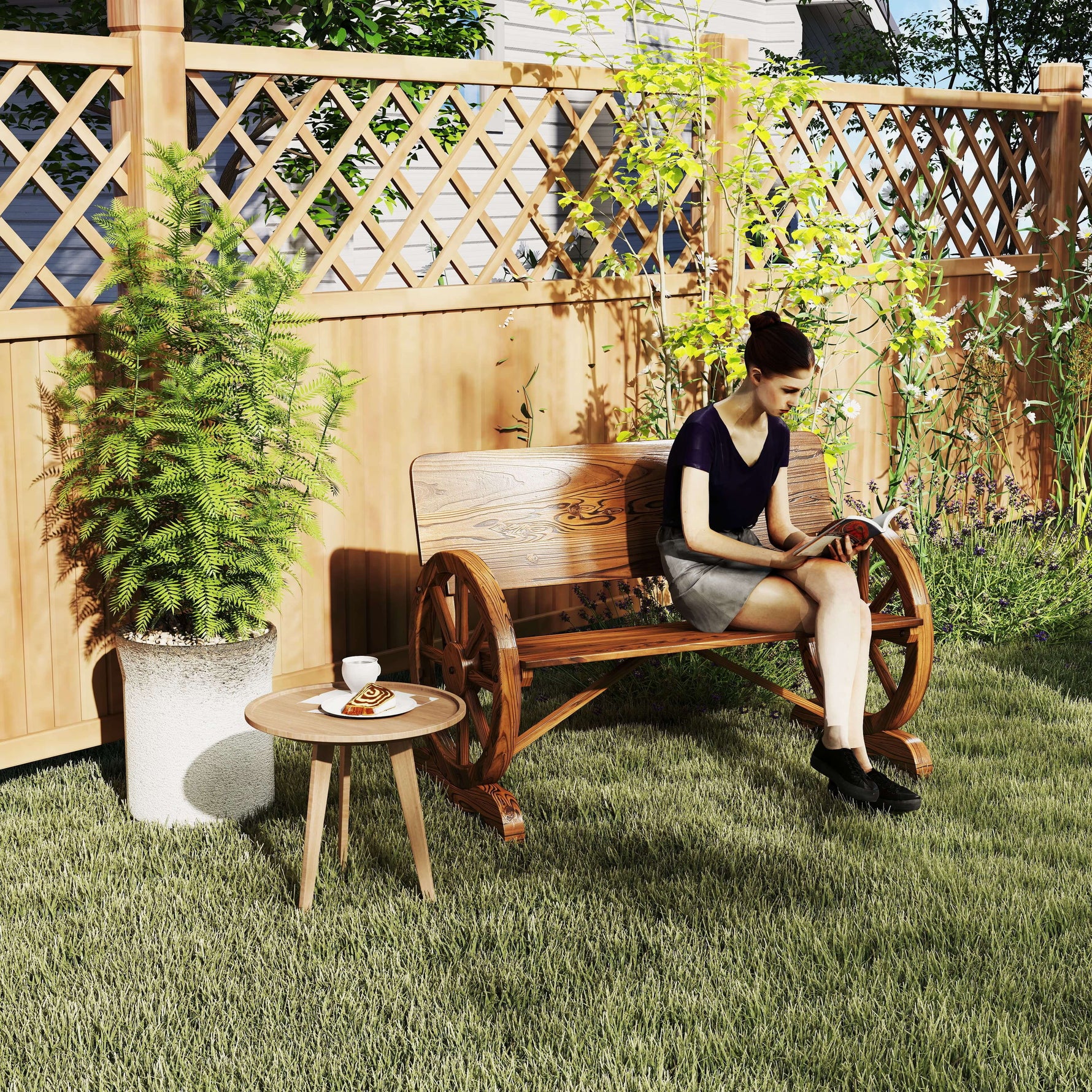 Banc de Jardin 3 Places Style Rustique Chic accoudoirs Roues de Charette Bois Sapin traité carbonisation