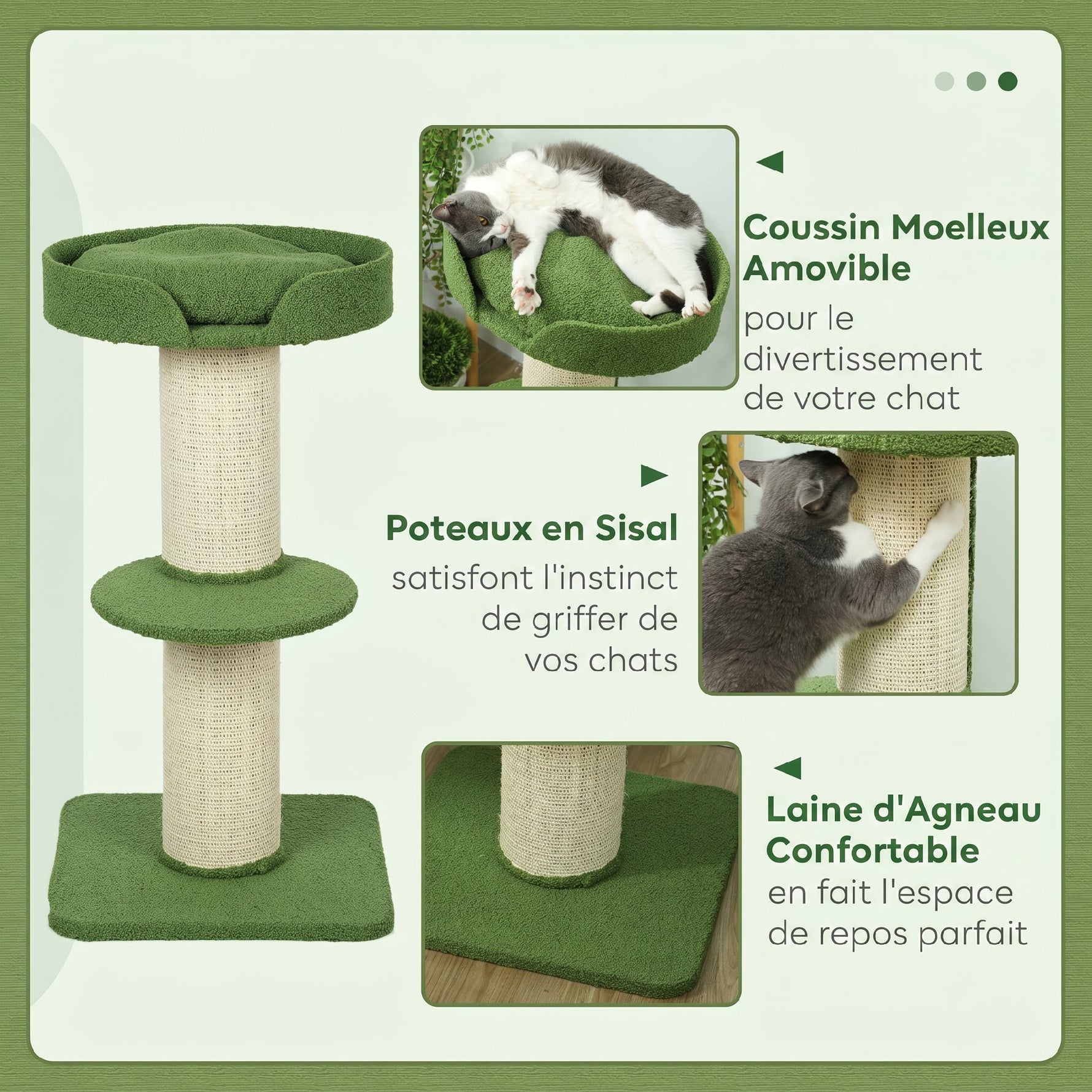 Arbre à Chat avec Griffoir, Centre d'Activités, Plateformes, Coussin, 45 x 45 x 91 cm, Vert et Beige