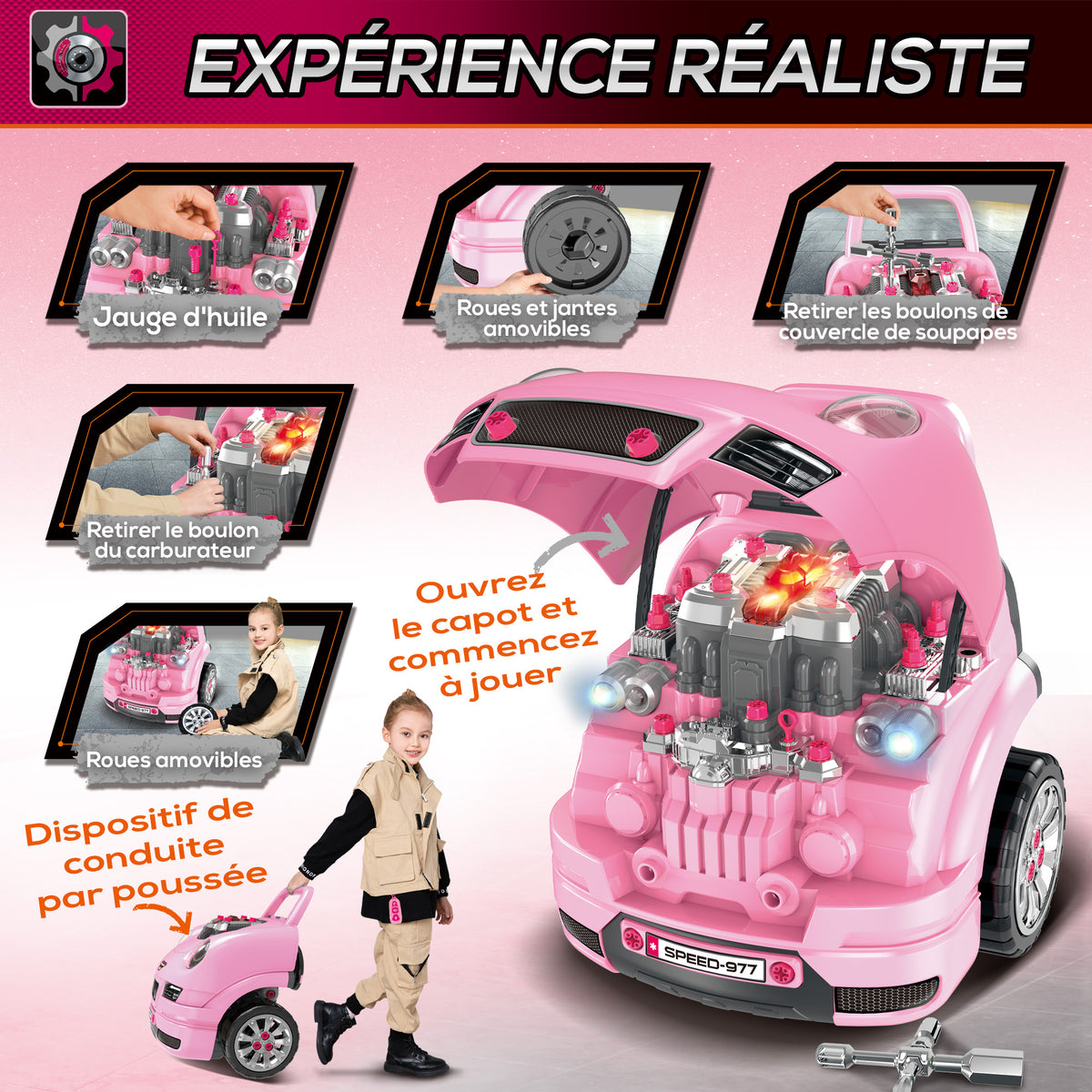Camion mécano 2 en 1 jouet bricolage enfant jeu d'imitation mécanicien nombreux qccessoires total de 61 pièces rose
