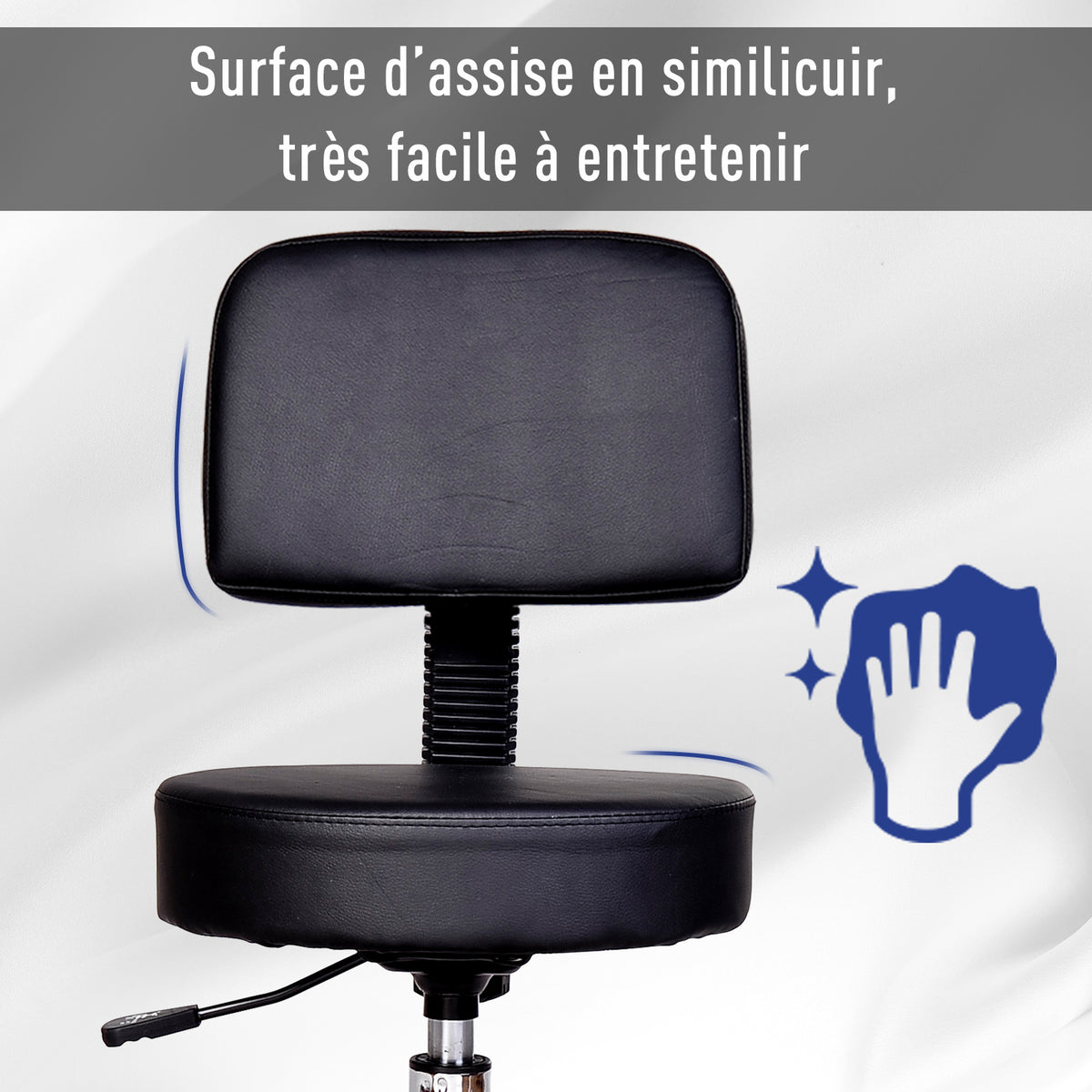 Tabouret massage a roulettes reglable en hauteur pivotant avec dossier ergonomique noir