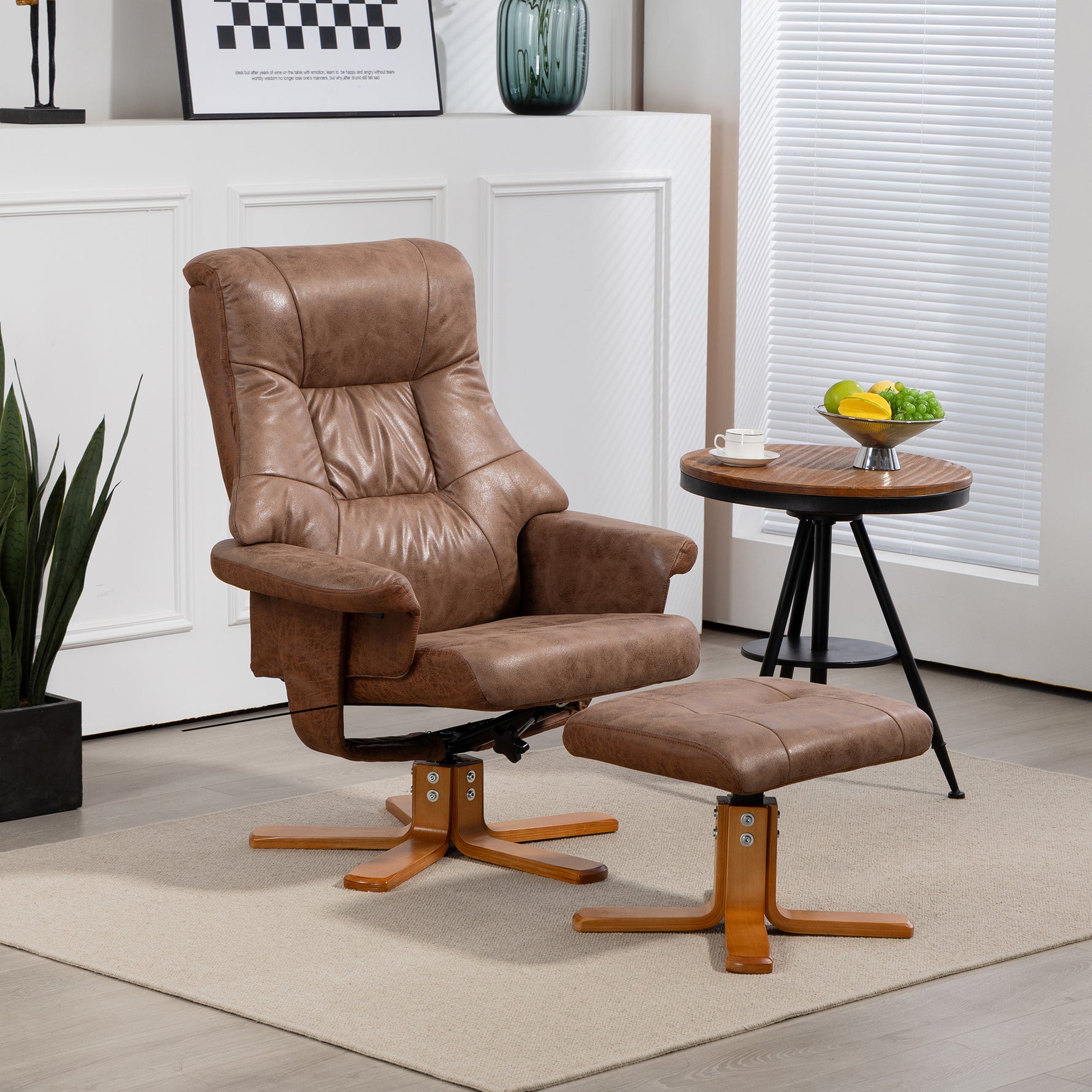 Fauteuil relax inclinable 135° pivotant 360° avec repose-pieds revêtement microfibre marron