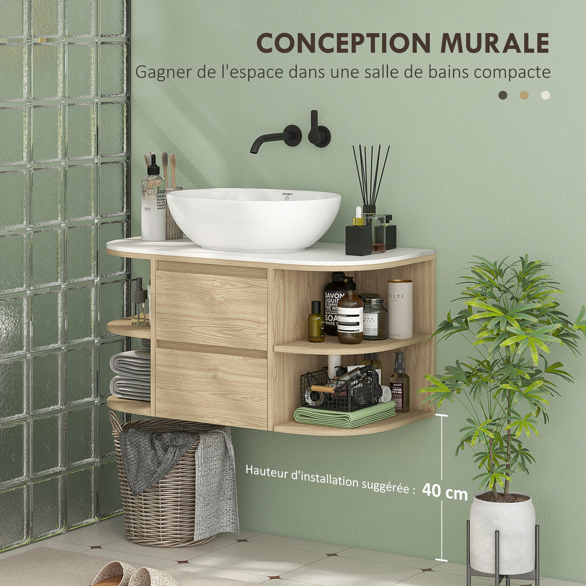 Meuble sous lavabo salle de bain suspendu meuble sous vasque avec tiroirs à fermeture douce et étagères, marron