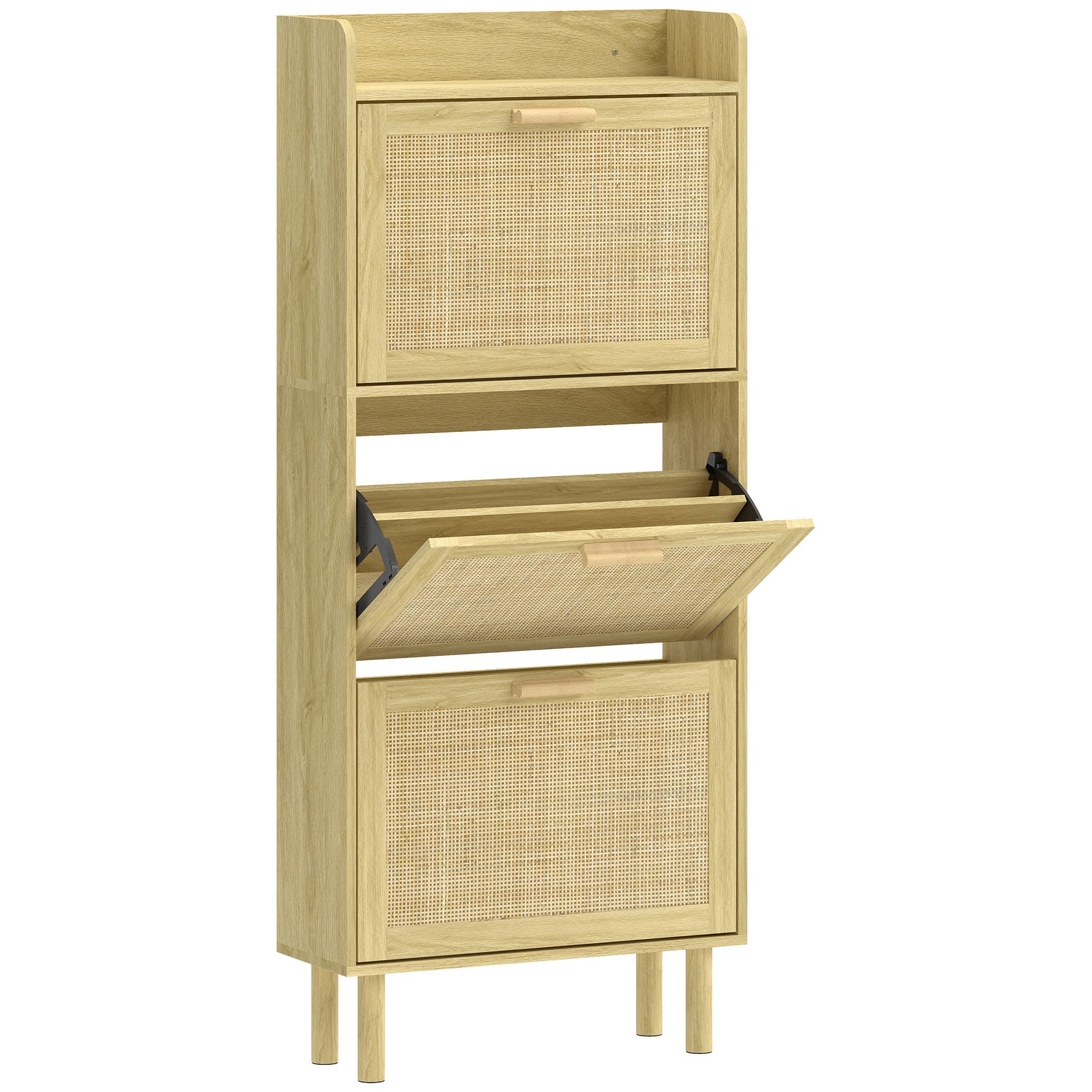 Meuble à chaussures 18 paires, armoire à chaussures étroite avec 3 tiroirs rabattables, étagères réglables, chêne