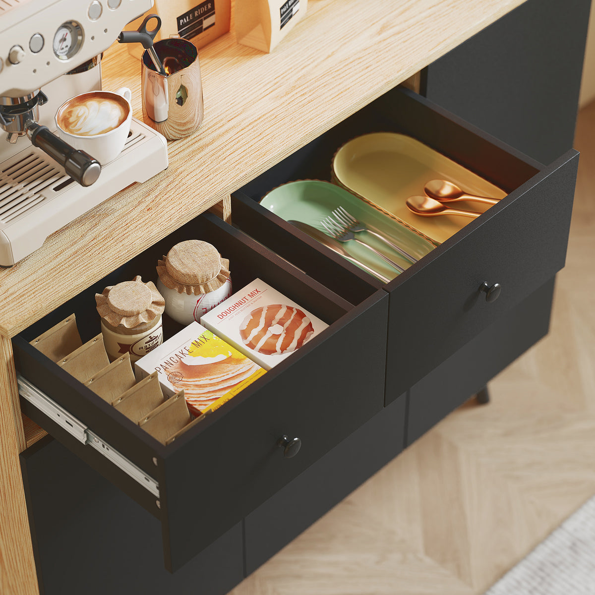 Credenza da cucina mobile dispensa alto con luce LED RGB piano di lavoro 6 ante 2 cassetti 100x40x176cm nero