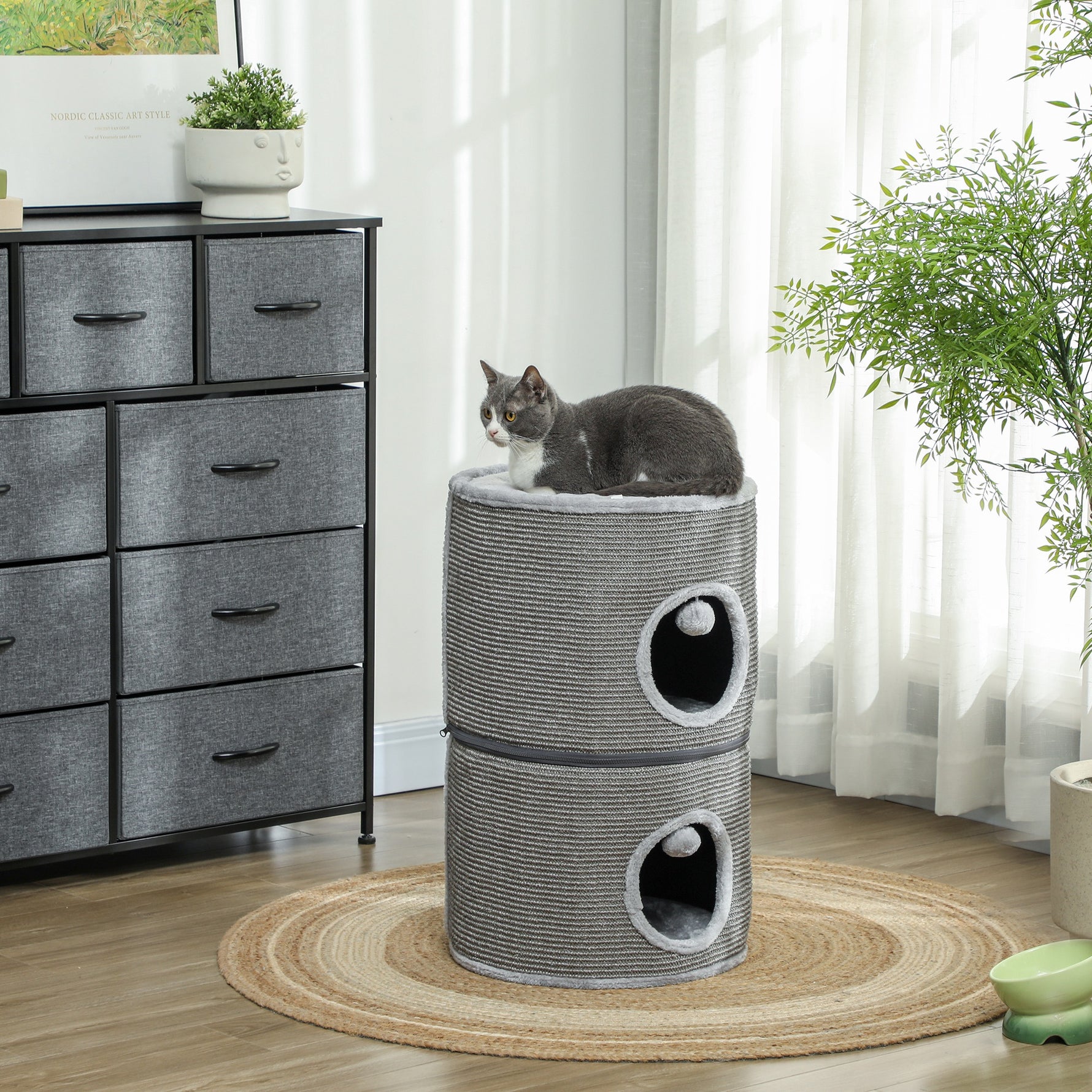 Tour pour chat modulable tonneau griffoir chat avec fermeture éclair séparable 3 niveaux deux balles Ø 42 x 69H cm gris