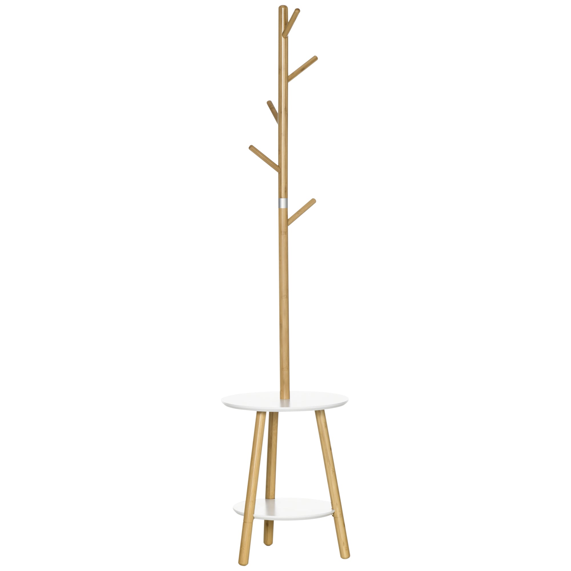 Perchero de pie 2 en 1, 5 ganchos, 2 estantes, diseño contemporáneo acogedor, 39,5 x 39,5 x 171 cm, color madera natural