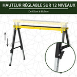 Lot de 2 Tréteaux Pliables Télescopiques Réglables en Hauteur, Poignée de Transport, Dim. 100L x 60l x 62-90H cm, Surface Antidérapante, Métal, Noir et Jaune