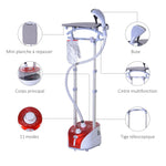 Défroisseur vapeur vertical 1950 W 32g/min, réservoir d'eau de 2 litres, tige télescopique, fer vertical autonomie 45min, 11 températures réglables, prêt en 38s, planche et cintre fournis rouge