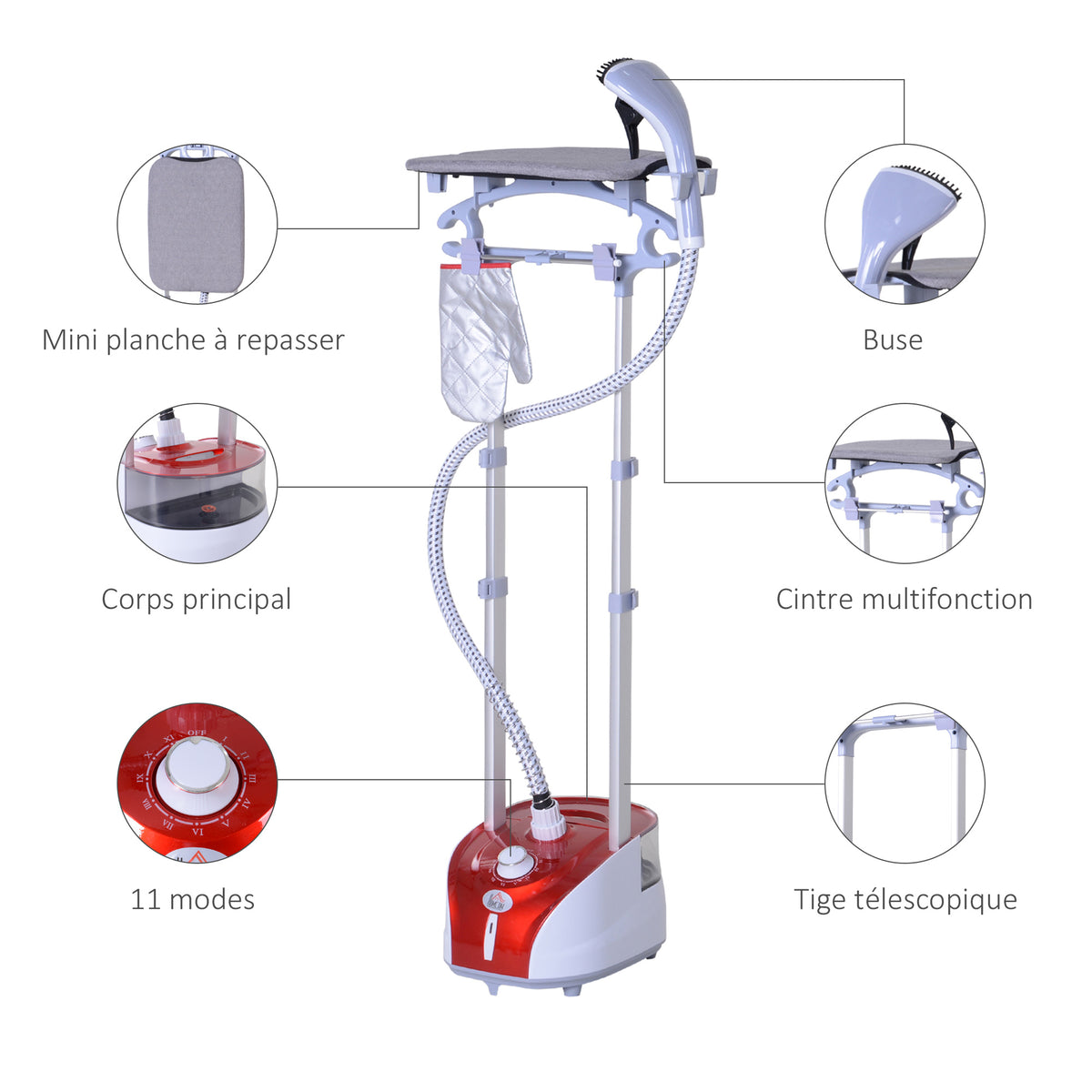 Défroisseur vapeur vertical 1950 W 32g/min, réservoir d'eau de 2 litres, tige télescopique, fer vertical autonomie 45min, 11 températures réglables, prêt en 38s, planche et cintre fournis rouge