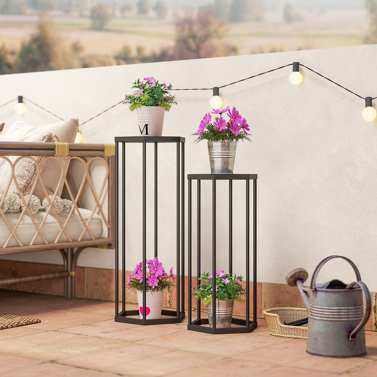 Set di 2 supporti per piante, sgabello esagonale in metallo per fiori, per interni ed esterni, nero