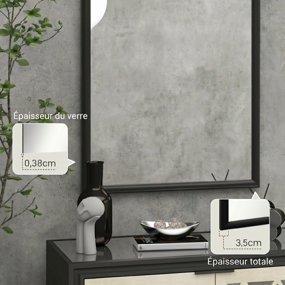 Miroir mural arche, 110 x 65 cm Cadre en bois, Miroir arqué pour le salon, la chambre, l'entrée, noir