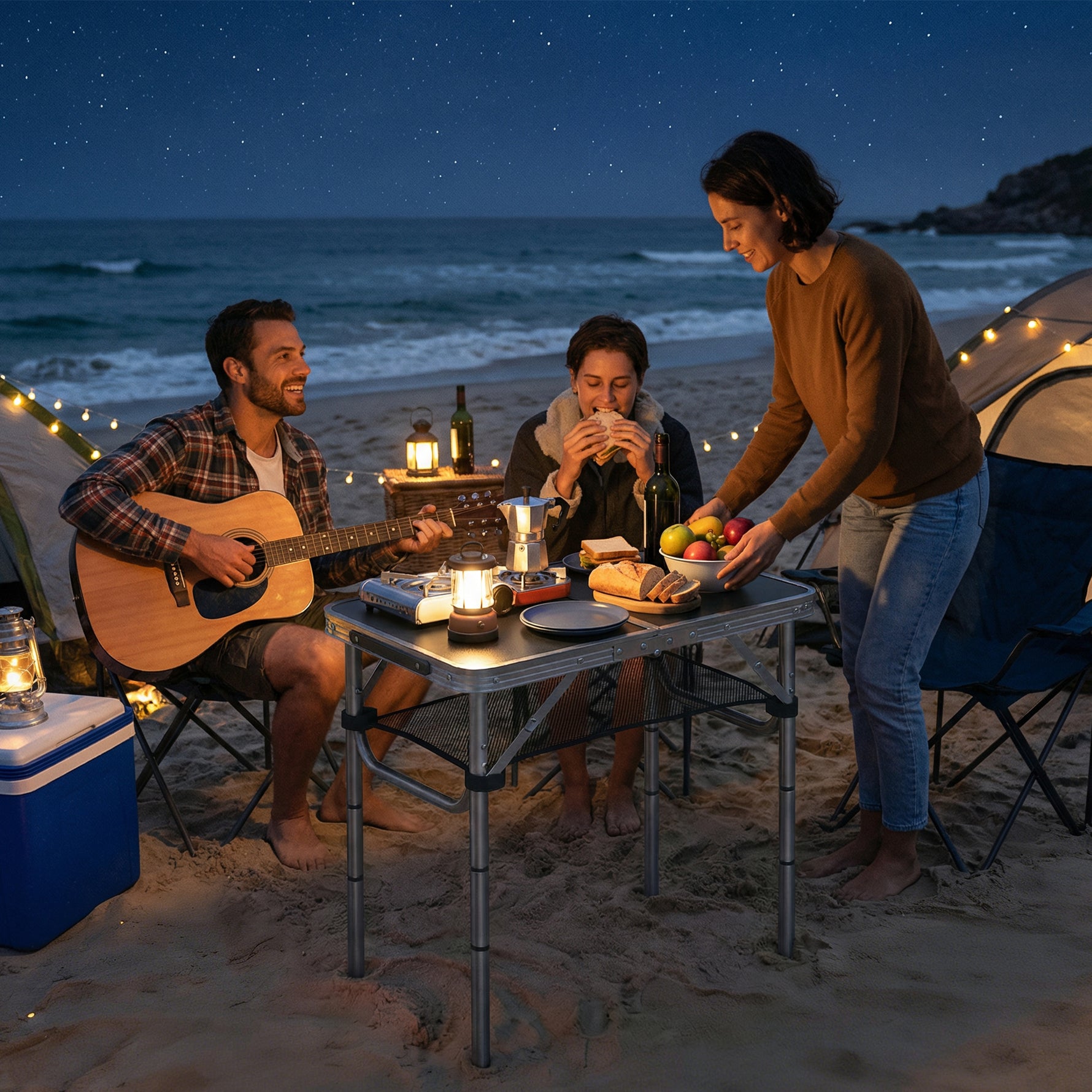 Table pliante aluminium, table de camping pliante, poignée 4 hauteurs réglables avec Rangement 60x40x60cm, blanc